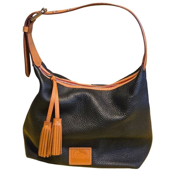 Dooney & Bourke Black Pebble Grain Leather Hobo Bag With Tan Accents & Red Inter - Picture 1 of 10
